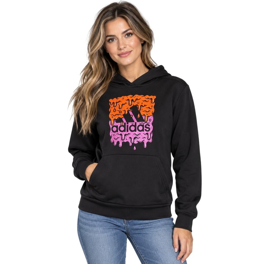 Adidas Black Dripping Logo Graphic Hoodie Pullover No Size Tag